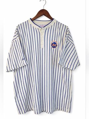 ​Vintage New York Mets Pinstripe Henley Jersey Shirt Reebok Y2K L